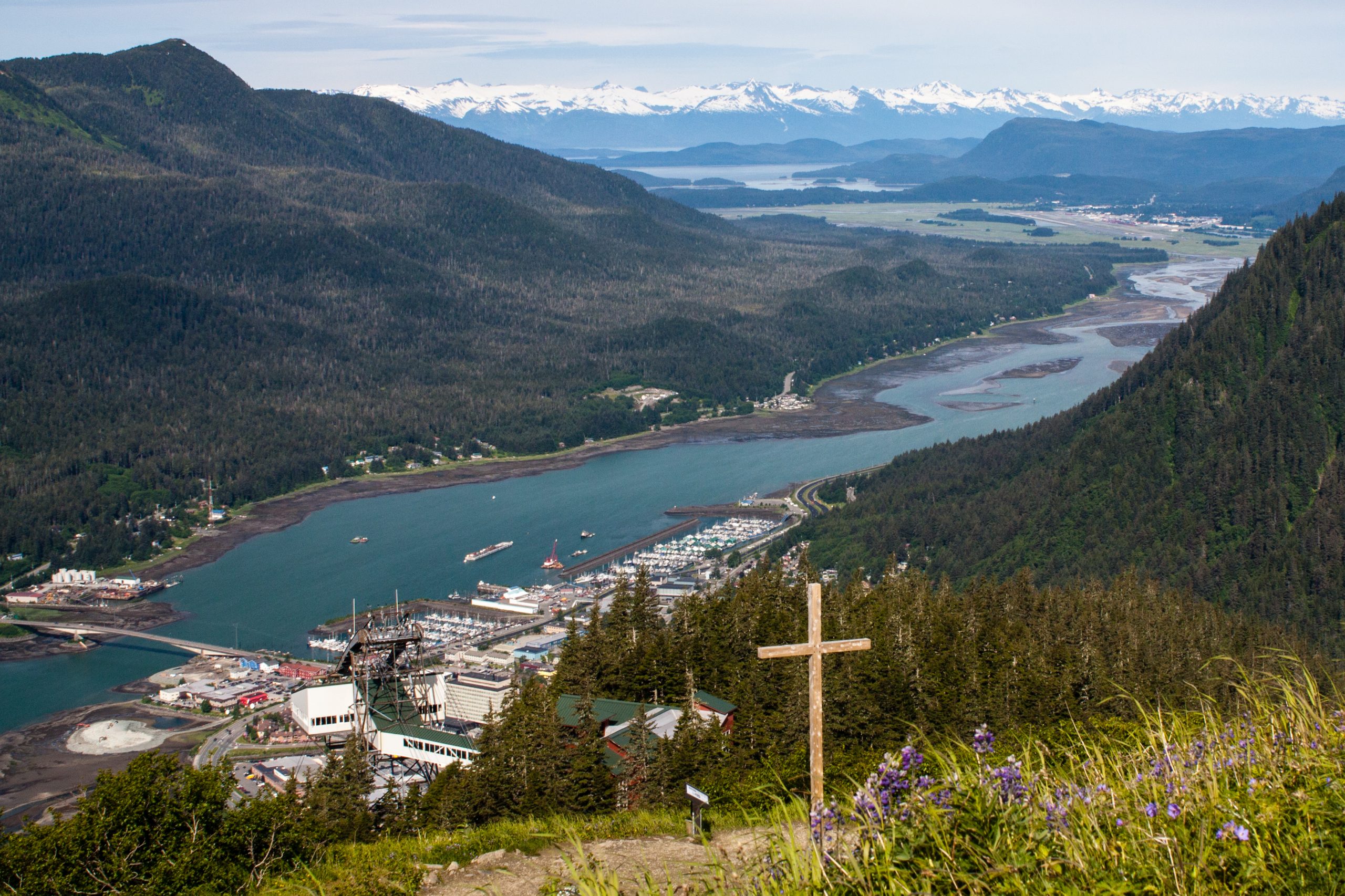 downtown juneau and Gastineau channel elevation on mt roberts cross in foreground