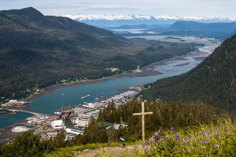 View of Juneau and Gastineau Channel from Mount Roberts above cross