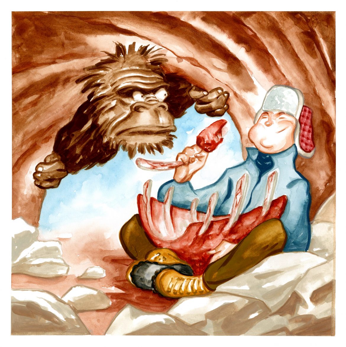 Sasquatch sees a human eating roasted sasquatch