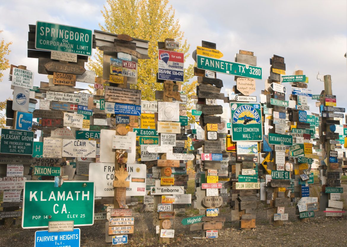 Street signs at the Watson Lake signpost forest on the Alaska Highway