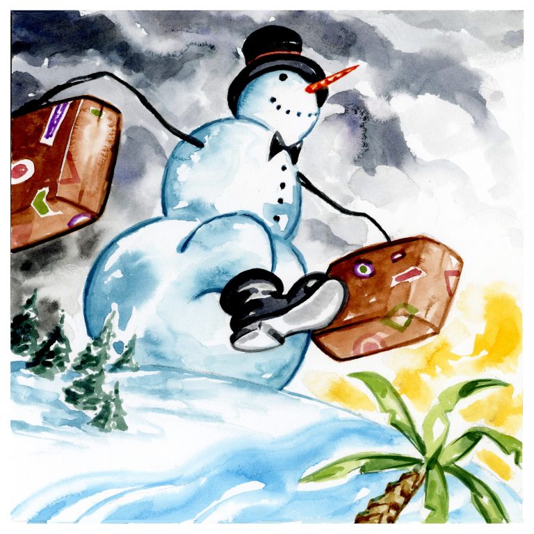 A giant Frosty the Snowman hikes south toward palm trees with suitcases in hand