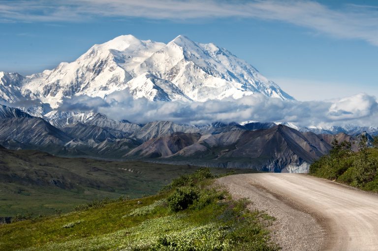 Denali and the park road in Denali National Park