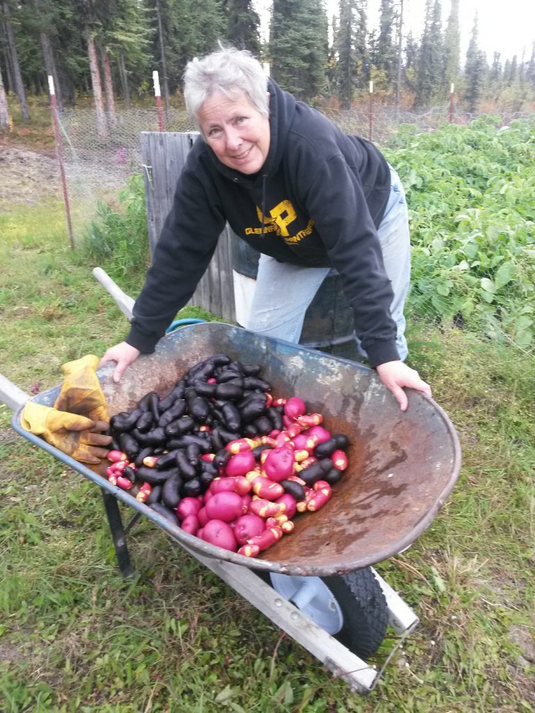 Mary Odden with a wheelbarrow full of garden produce