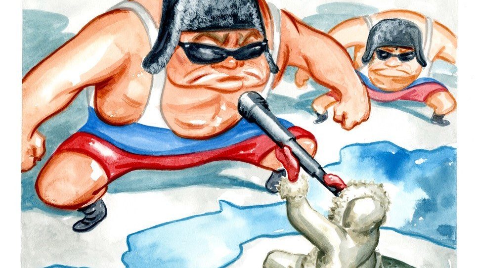Cartoon of an Alaskan sitting on an igloo spying on Russian wrestlers