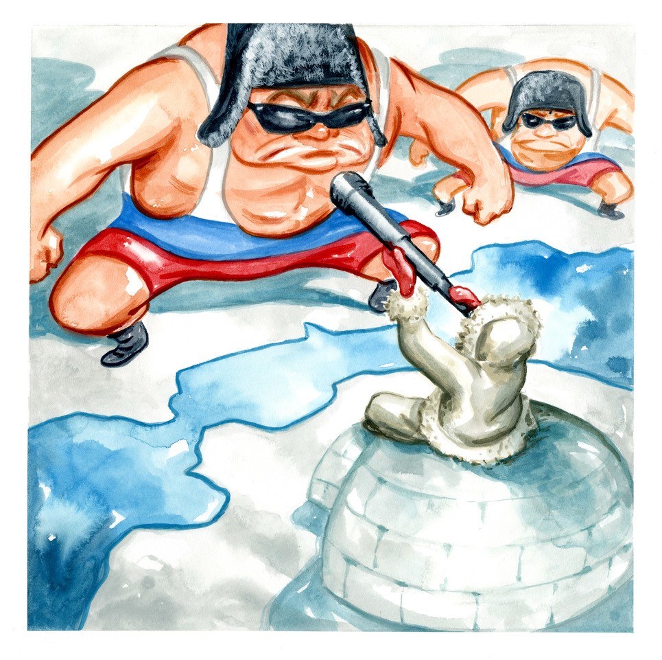Cartoon of an Alaskan sitting on an igloo spying on Russian wrestlers