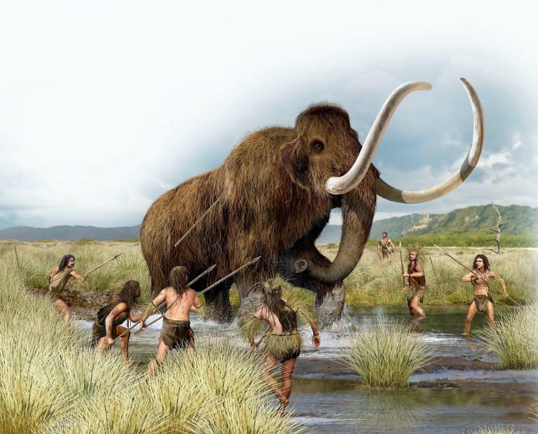 People who arrived in Alaska during the ice age hunt a mammoth