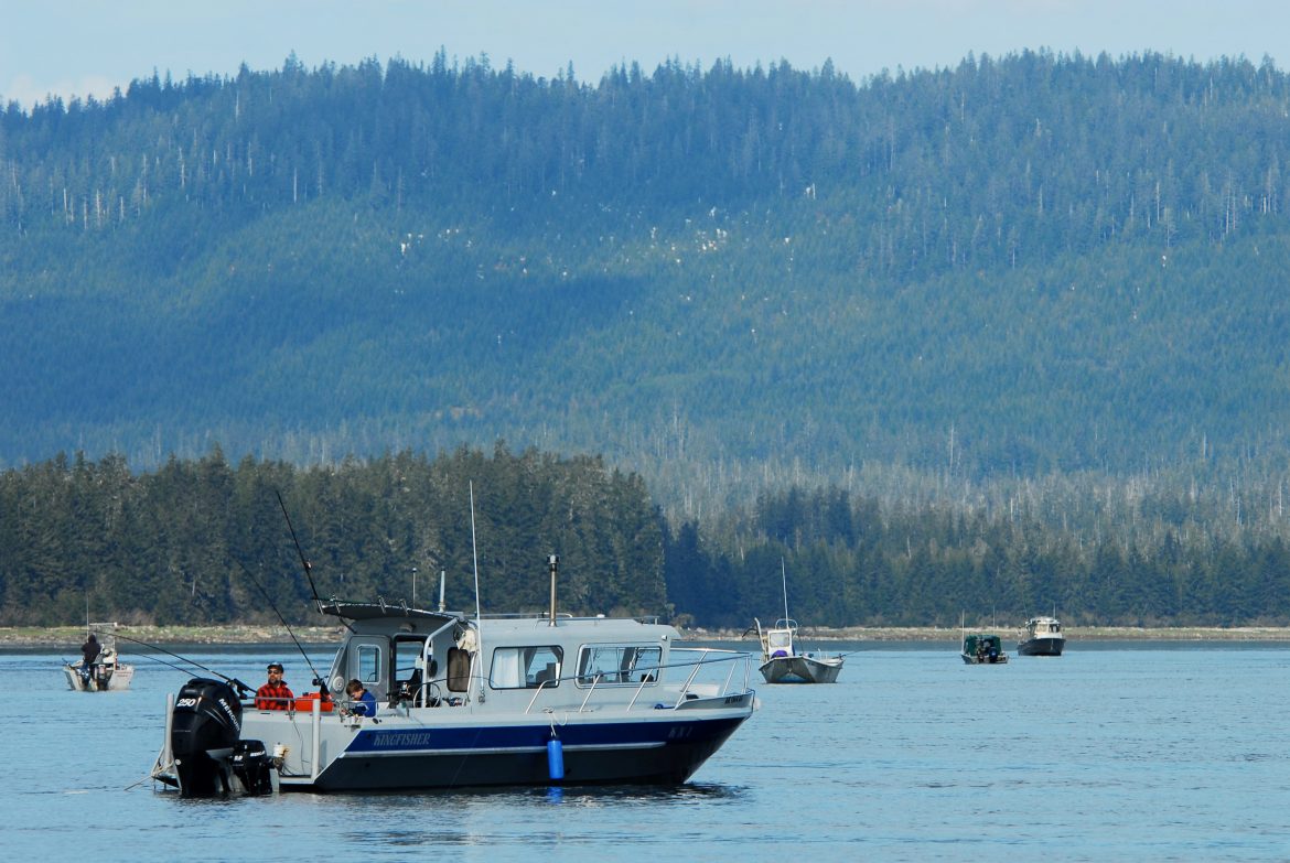Boats fishing the same area during a king salmon derby in southeast Alaska