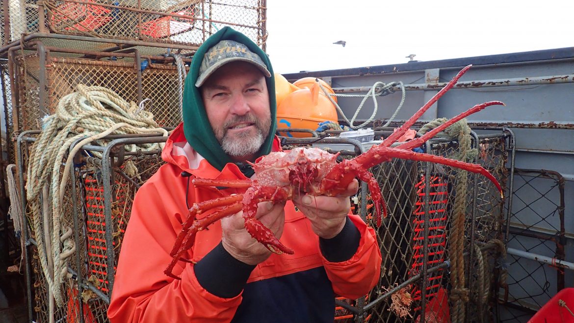 A Q&A with Professional Scuba Diver Jeff Meucci Jeff Meucci in orange fishing gear holding a crab