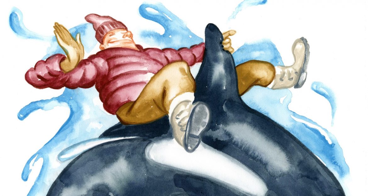 Red hat and red jacket riding a whale