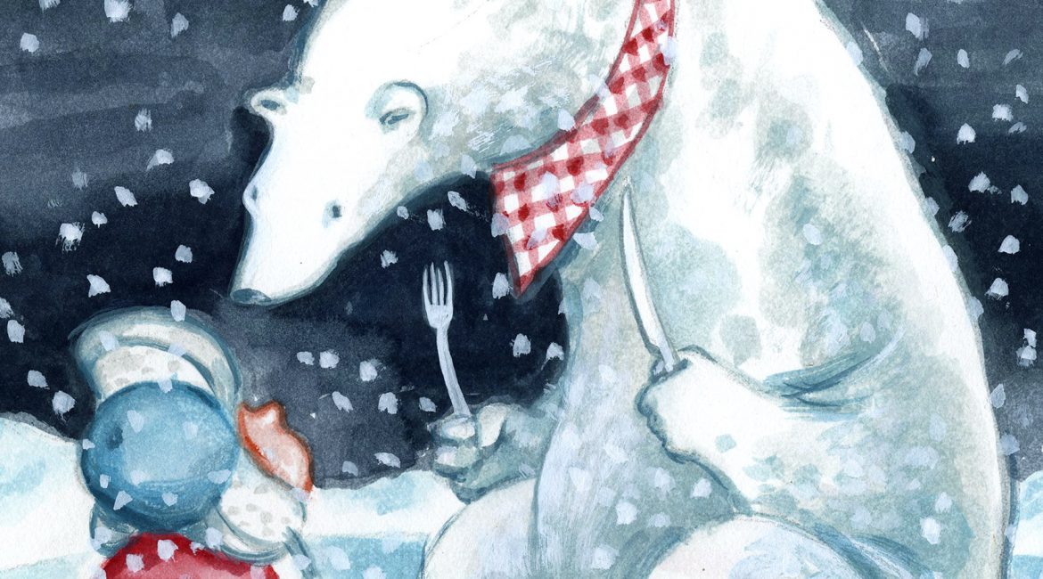 Polar bear wearing a checkered bib and holding a fork and knife towers over a small child. Cropped version.