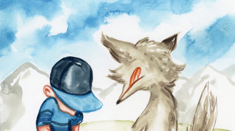 wolf holding tongue in mouth kid with head down