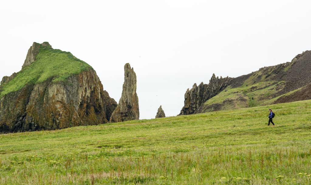 A hiker on a green field with rock spires in background