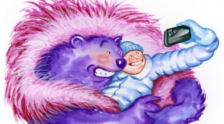 Ask Alaska: show bears, camera equipment, and dating Person in puffy winter jacket takes selfie with purple bear wrapped in feather boa.