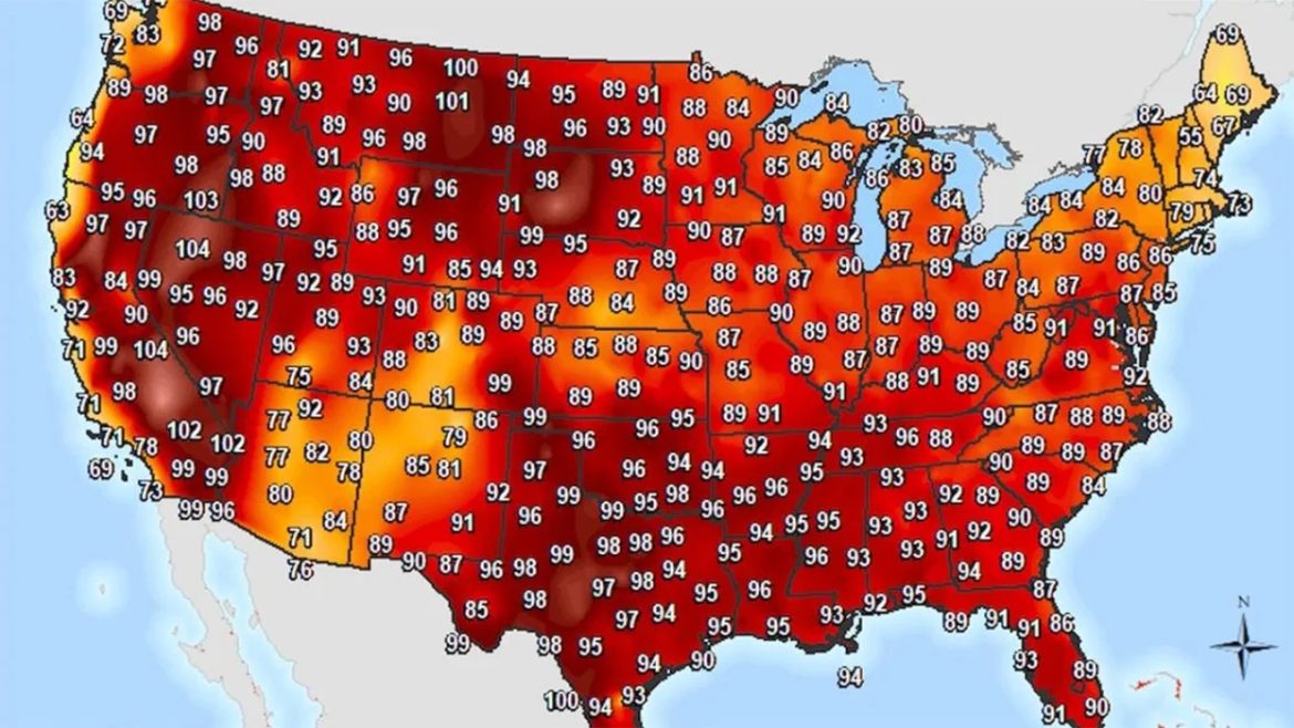 Have I Become a Climate Refugee? A map of the contiguous United States with red and orange temperatures