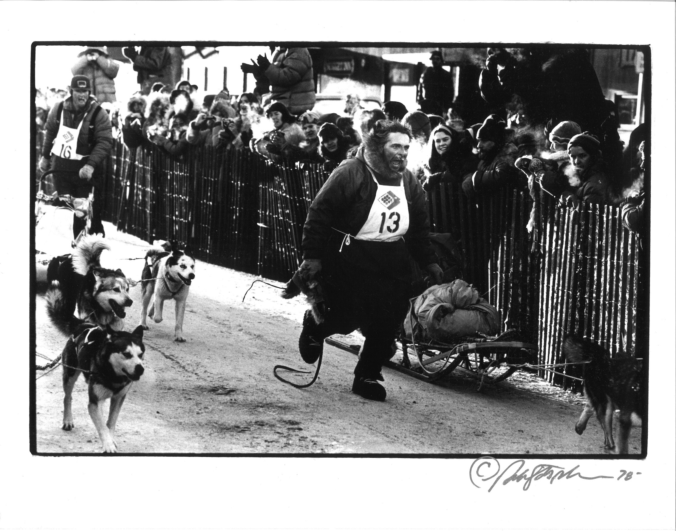 Black and white photo of man with bib number on running by his sled holding a whip while another team of dogs runs next to him. Crowd of viewers line a fence and watch.