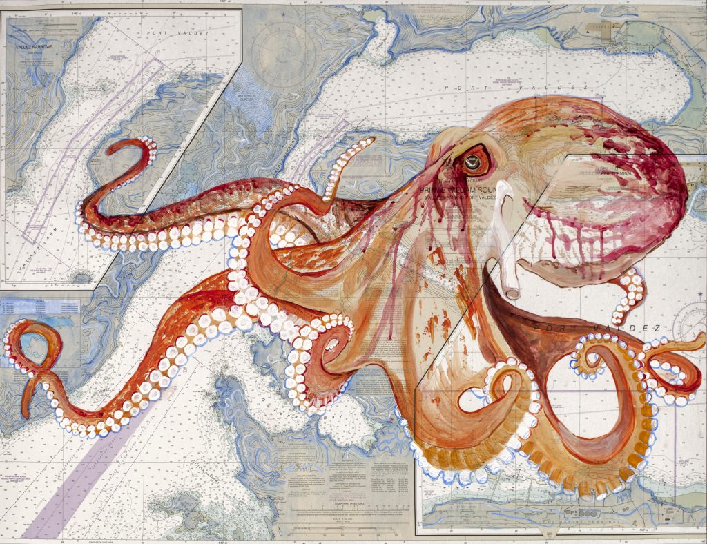 A red octopus is painted over a coastal map. Blue hummingbird lightly painted on map key in upper left.