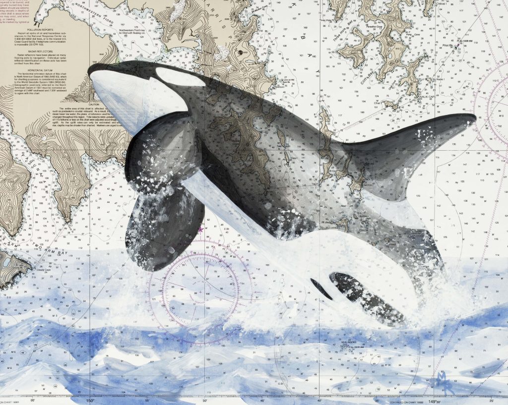 painting of orca leaping out of water over a map of Alaska coastline