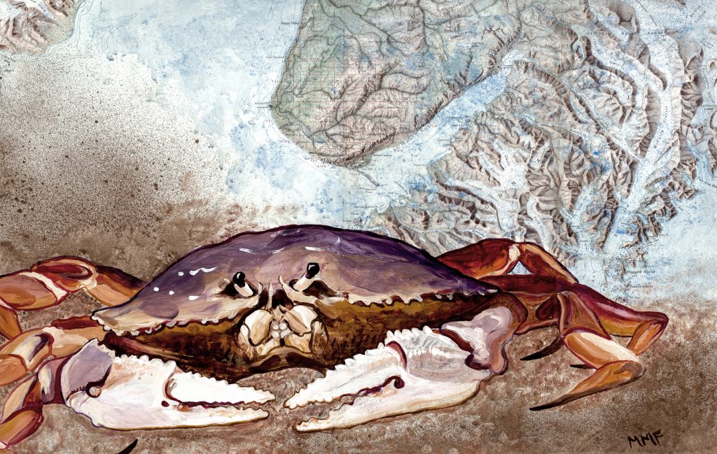 A dungeness crab painted on a map of coastal Alaska