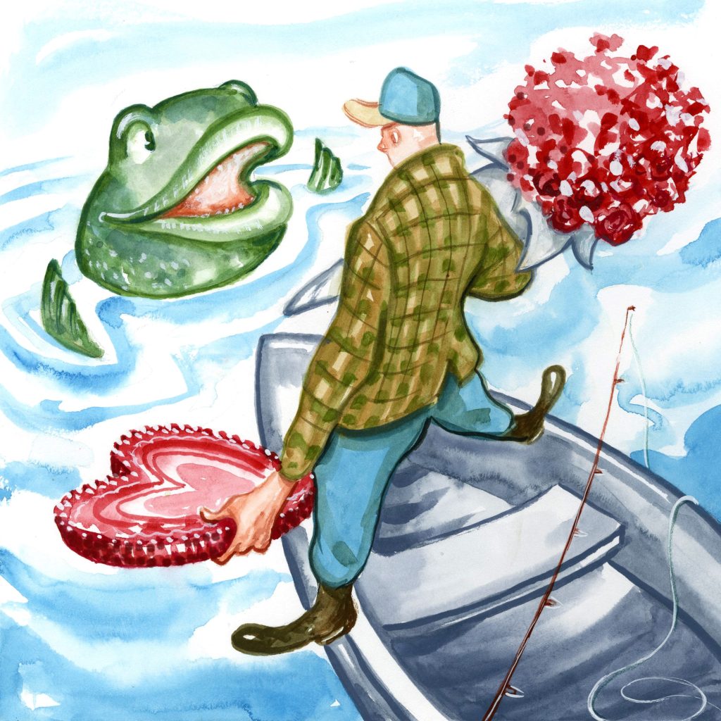 man stands in row boat with flower bouquet and heart-shaped box. A green fish appears at the surface and smiles
