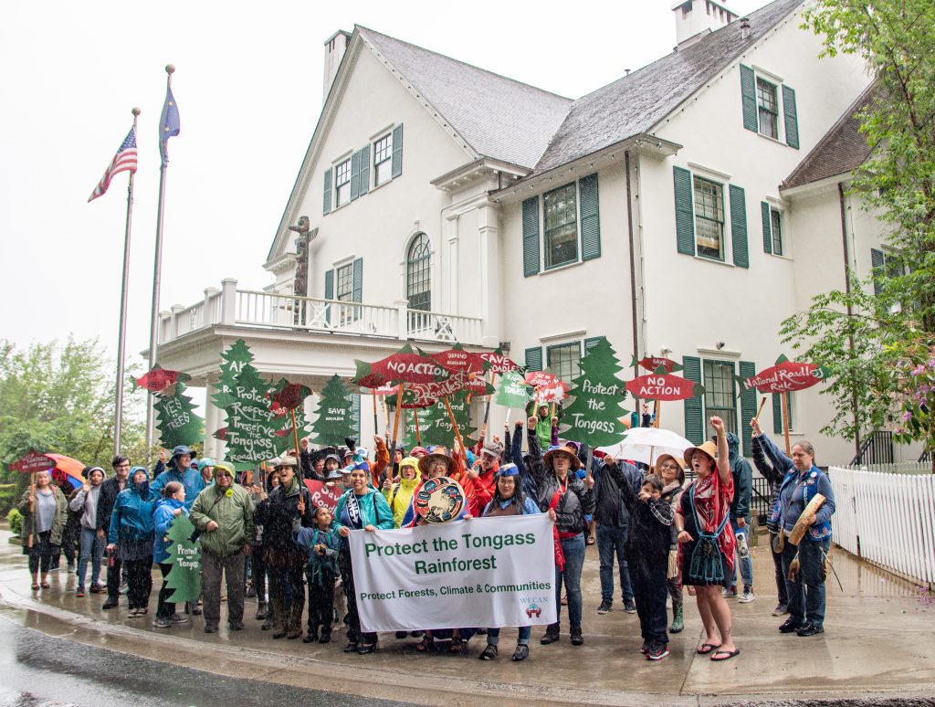 A group of people stand in front of a large white house and hold signs shaped like trees and salmon with messages about protecting the Tongass