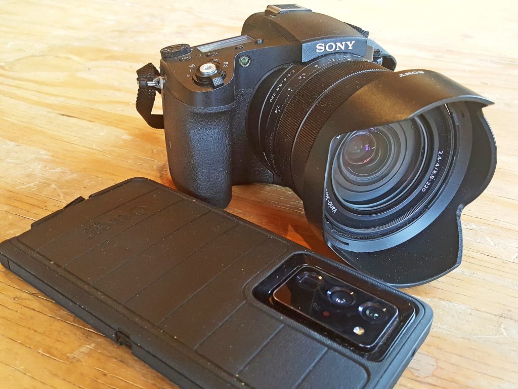 A Samsung Note 20 Ultra and a Sony RX-10 Mark 4 compose Nick’s three-pound camera kit.