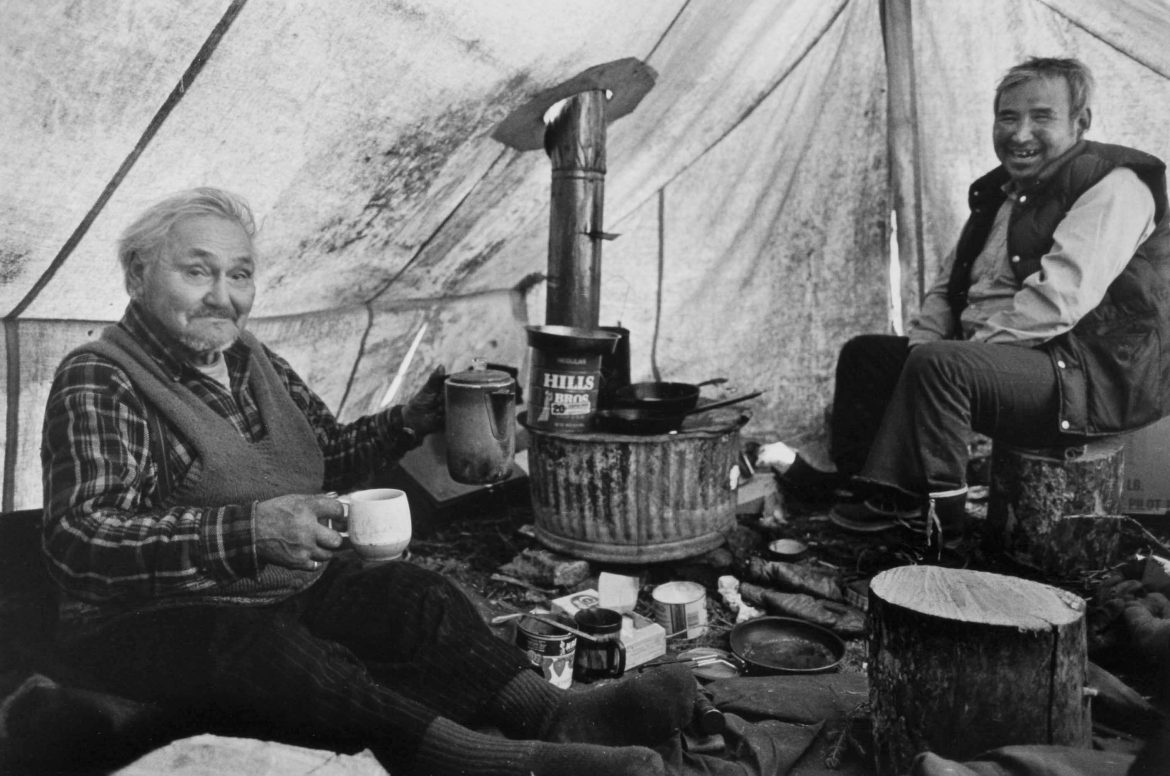 Pete Abruska and Sinka Sakar at winter trapping camp.